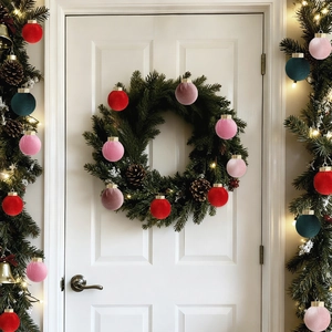 Detailed view of luxury velvet Christmas balls hanging on a decorative holiday wreath