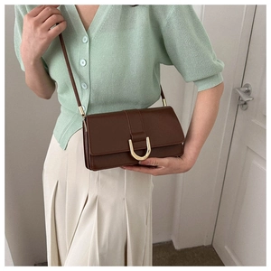 Detail of a dark brown baguette bag with a U-shaped gold clasp and slim leather strap