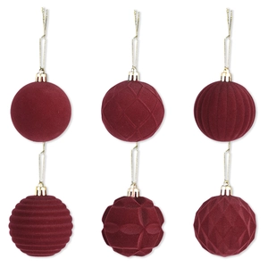 Set di sei palline di Natale bordeaux floccate da 6 cm con texture varie per albero