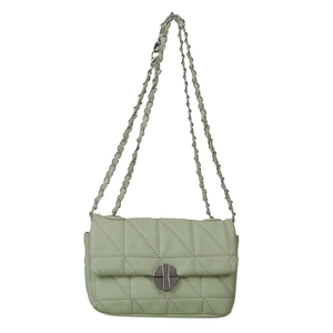 Pale green quilted shoulder bag with diamond pattern and silver chain strap for women