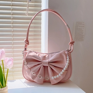 Fashion Women Bow Underarm Bag With Artificial Pearl Flower Chain Sweet Elegant PU Leather Shoulder Handbag For Everyday Party Summer
