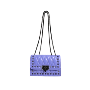 Purple quilted shoulder bag with dark grey rivets and metal chain strap on white background
