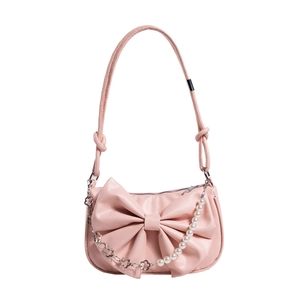 Chic pink shoulder bag with large bow detail and pearl flower chain decoration