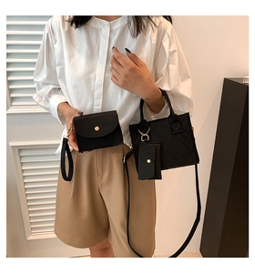 Detailed set of black quilted tote bag with matching mini pouch and wristlet bag