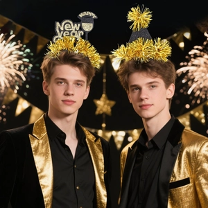 2026 Happy New Year black and gold party headband and glitter tassel party hat set