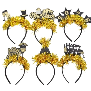 Set of 6 black and gold Happy New Year 2026 headbands with glitter stars and tinsel
