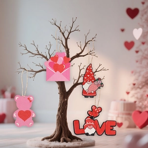 Valentine's Day wooden pendant set with pink heart bear and gnomes on a decorative tree