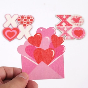 Valentine wooden heart hanging ornaments with XOXO letters and envelope designs