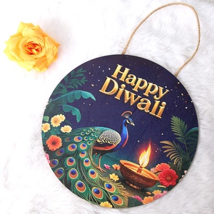 Wooden Happy Diwali hanging sign with peacock and oil lamp on a blue starry background