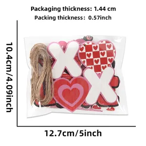 Detail of Valentine bear wood charms packaging with jute twine and dimension markings