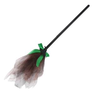 Halloween witch broom with black handle, brown mesh bristles and green ribbon bow decoration