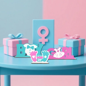 Gender reveal party wooden desk decor set with blue BOY and pink GIRL footprint signs