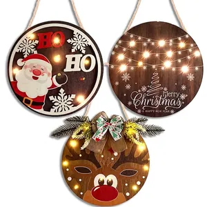 Wooden Christmas hanging signs with LED lights featuring Santa, Reindeer and Pine patterns