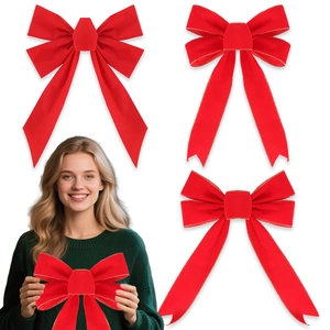 Large Red Velvet Christmas Bow With Gold Trim Flocked Ribbon Bow Ornament For Christmas Tree Holiday Party Home Decor Hanging Pendant