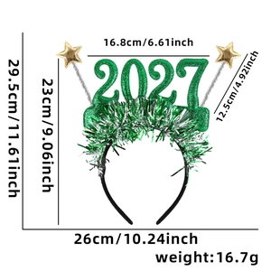 Grüner 2027 Neujahrs-Haarreif mit glitzerndem Lametta und goldenen Federsternen