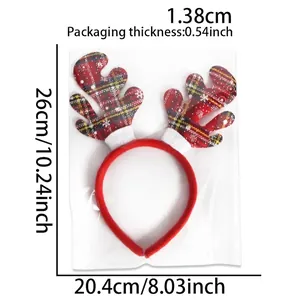 Detailed view of red checkered reindeer antler headband with size dimensions in packaging