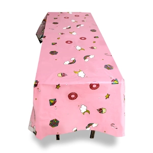 Pink unicorn birthday party tablecloth with rainbow and donut waterproof prints
