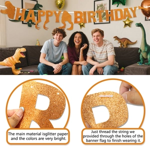 Sparkling orange glitter dinosaur birthday banner set with Happy Birthday lettering
