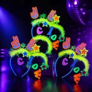 Macro detail of neon party headbands with stars and fuzzy material for celebrations