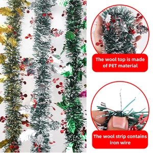 2m Christmas green garland with red berries and golden leaves for festive party decor