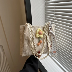 Women Fashion Straw Woven Tote Bag With Flower Decor And Printed Scarf Summer Beach Vacation Handbag Casual Shoulder Bag
