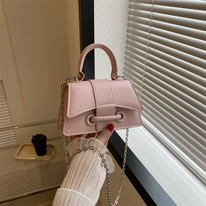 Pink mini PU leather handbag with silver chain strap and stylish top handle design