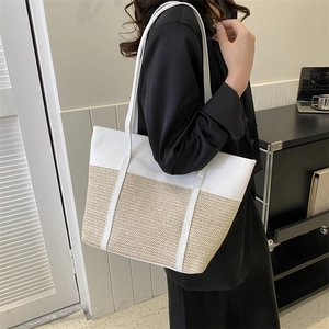 Modische Web-Einkaufstasche aus weißem Leder und beigem Stroh-Patchwork für Damen