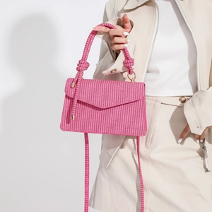 Modische rosa gewebte PU-Umhängetasche mit elegantem Knotengriff und Schulterriemen