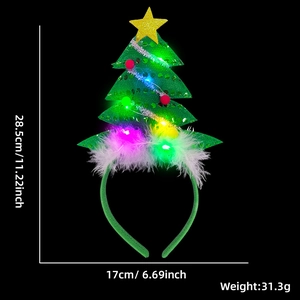 LED Christmas tree headband with colorful glowing lights and white feather details