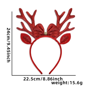 Detailed view of red glitter reindeer antlers headband with precise size measurements