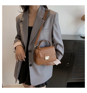 Bruine matte lederen vierkante crossbody tas met gouden gesp op model in kantoorkleding