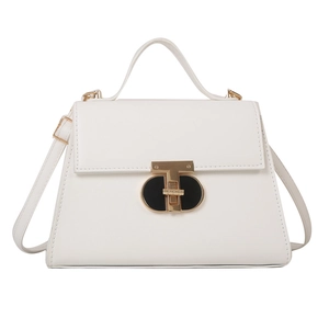 Elegant white PU leather crossbody bag with a gold T-shaped buckle and top handle strap