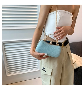 Detail of light blue hard shell evening bag with gold metal frame and diamond clasp