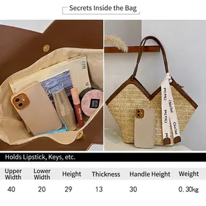 Borsa tote in paglia intrecciata con finiture in pelle PU e tabella delle taglie