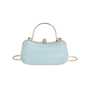 Pale blue glitter hard shell evening bag with golden metal handle and chain strap