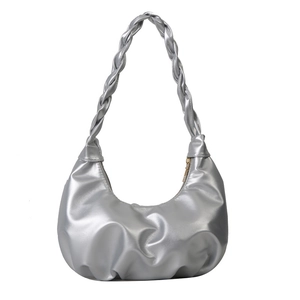 Silver metallic crescent hobo bag with a thick woven handle and pleated details