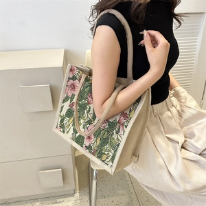 Vintage Floral Cotton Linen Tote Bag Large Capacity Jacquard Shoulder Handbag Women Casual Retro Daily Shopping Bag