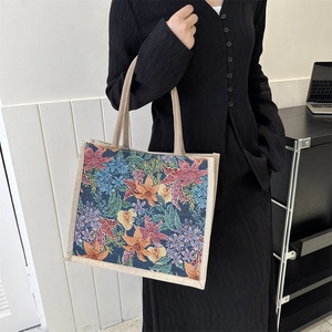 Fashionable large capacity linen tote bag with colorful floral tapestry patterns