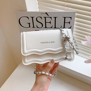 Women Fashion PU Leather Wave Edge Chain Crossbody Bag Letter Printed Metal Ball Decor Small Square Shoulder Bag For Daily