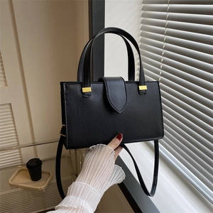 Chic black litchi grain PU leather small square handbag with gold buckle and shoulder strap