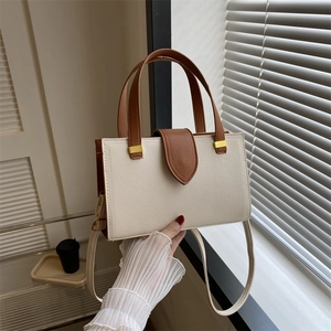 Fashionable PU leather crossbody square bag in cream and brown with gold hardware detail