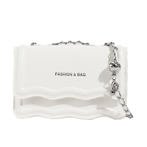 White chain shoulder bag with wavy edge design and silver metal ball charm