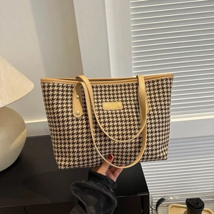 Women Vintage Houndstooth Tote Bag Canvas Fashion Large Capacity Shoulder Bag With Faux Leather Handle For Daily Work