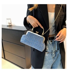 Detail of light blue tweed crossbody bag featuring gold woven accents and a vintage clasp