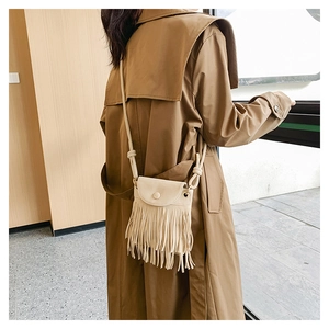 Vue détaillée du sac beige à franges avec boucle ronde et longs pompons décoratifs