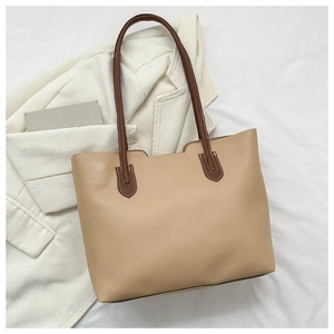 Minimalist beige and brown contrasting large capacity PU leather tote bag for women