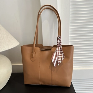 Brown PU leather tote bag with stylish plaid scarf on handle for modern women