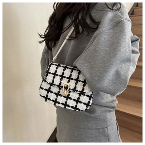 Classic black and white tweed crossbody bag with golden buckle shown on a model's back
