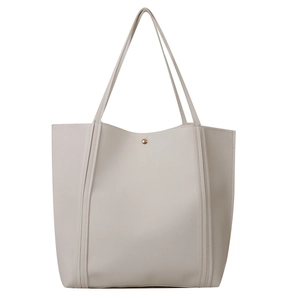 Chic beige PU leather tote bag with long shoulder straps and gold metal button detail