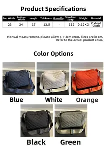 Detailed size chart for quilted nylon crossbody bag with dimensions and weight specs